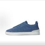 Zegna Triple Stitch Men's Linen Canvas Round Toe Slip-on Low-top Sneakers Blue - Image 2