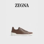 ZEGNA Men's Brown Triple Stitch SECONDSKIN Calfskin Luxury Casual Shoes