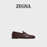 ZEGNA Men's Light Brown Grained Leather Moccasin Loafers