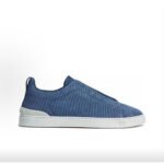 Zegna Triple Stitch Men's Linen Canvas Round Toe Slip-on Low-top Sneakers Blue