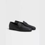 ZEGNA Men's Black Grained Leather Moccasin Loafers - Image 3