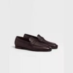 ZEGNA Men's Dark Brown Grained Leather Moccasin Loafers - Image 3