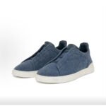 Zegna Triple Stitch Men's Linen Canvas Round Toe Slip-on Low-top Sneakers Blue - Image 3