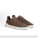 Zegna Triple Stitch Men's Linen Canvas Round Toe Slip-on Low-top Sneakers Brown - Image 3