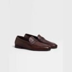ZEGNA Men's Light Brown Grained Leather Moccasin Loafers - Image 2