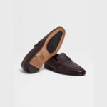 ZEGNA Men's Dark Brown Grained Leather Moccasin Loafers - Image 5