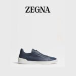 ZEGNA Men's Blue Triple Stitch SECONDSKIN Calfskin Luxury Casual Shoes
