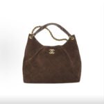 CHANEL 26C Dark Brown Suede Gold Logo Quilted Leather Chain Hobo Top Handle Bag