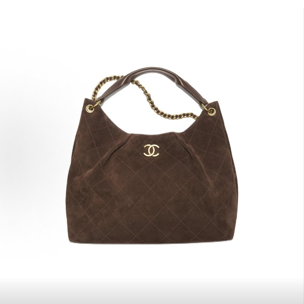 1 CHANEL 26C Dark Brown Suede Gold Logo Quilted Leather Chain Hobo Top Handle Bag - Image 1