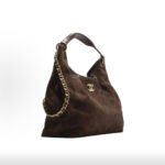 CHANEL 26C Dark Brown Suede Gold Logo Quilted Leather Chain Hobo Top Handle Bag - Image 2