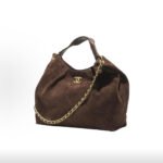 CHANEL 26C Dark Brown Suede Gold Logo Quilted Leather Chain Hobo Top Handle Bag - Image 3