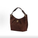 CHANEL 26C Dark Brown Suede Gold Logo Quilted Leather Chain Hobo Top Handle Bag - Image 6