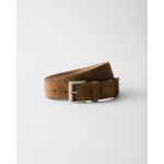 PRADA Brown Suede Belt with Metal Triangle Logo 3.5cm
