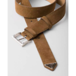 PRADA Brown Suede Belt with Metal Triangle Logo 3.5cm - Image 2