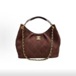 CHANEL 26C Dark Brown Suede Gold Logo Quilted Leather Chain Hobo Top Handle Bag - Image 4