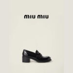 Miu Miu Women's Logo Glossy Calfskin Loafer Heels