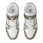 LV Trainer 1AILAR Sneakers, Khaki Green Calfskin & Monogram Denim - Image 3