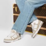 LV Trainer 1AIKMH Sneakers, Cream Calfskin & Monogram Denim, Two-Tone Outsole - Image 2