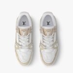 LV Trainer 1AIKMH Sneakers, Cream Calfskin & Monogram Denim, Two-Tone Outsole - Image 3