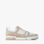 LV Trainer 1AIKMH Sneakers, Cream Calfskin & Monogram Denim, Two-Tone Outsole - Image 4