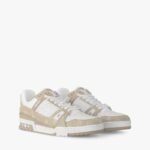 LV Trainer 1AIKMH Sneakers, Cream Calfskin & Monogram Denim, Two-Tone Outsole
