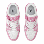 LV Trainer 1AIKOM Sneakers, Pink Calfskin & Monogram Denim Canvas - Image 3