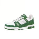 Louis Vuitton Trainer Sneaker Low, White & Green Monogram Denim (1A9JHX)